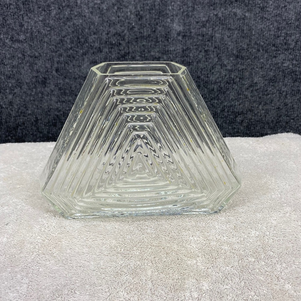 Vintage Geometric Clear Glass Trapezoid Vase Ribbed Concentric Triangle Pattern